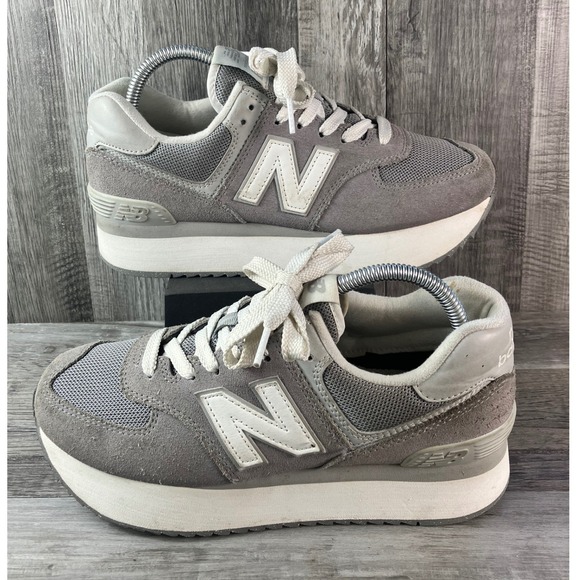 New Balance Shoes - New Balance 574+ Platform Grey White Suede Sneakers WL574ZSD Womens 9.5